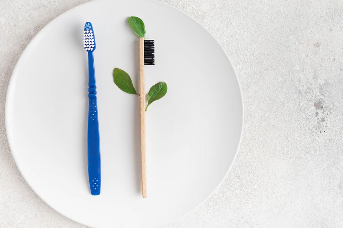 a toothbrush and aleaf lie on a plate to signify there are natural ways to make your smile more attractive