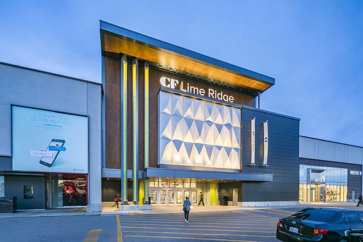 evening photo of the CF Lime Ridge shopping Mall which is similar to the Jackson Square Mall