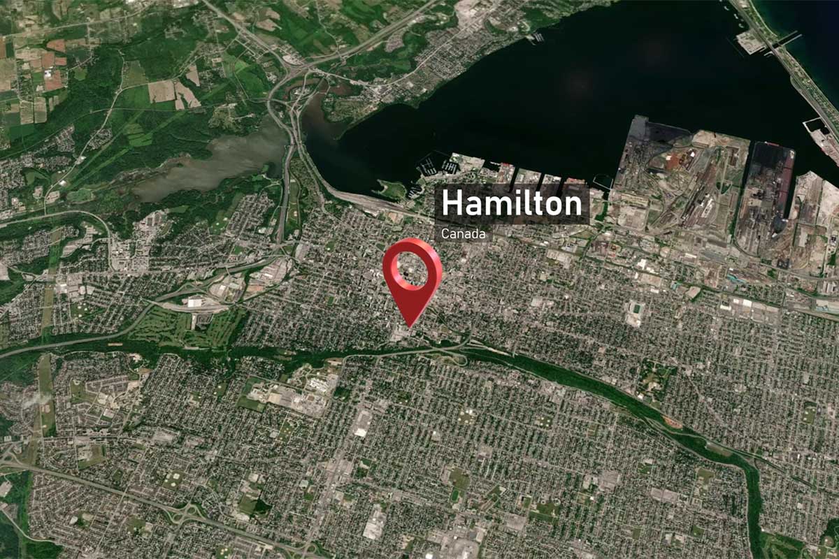 topical satellite map shot of the location of Hamilton, Ontario