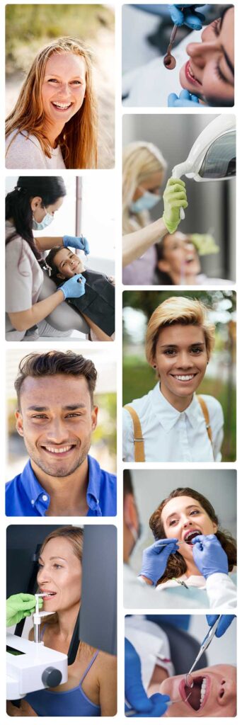 collage of images demonstarting various elements of a dental exam and professional dental cleaning