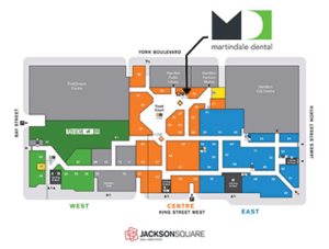 location of Martindale Dental Jackson square location shown on a mall map