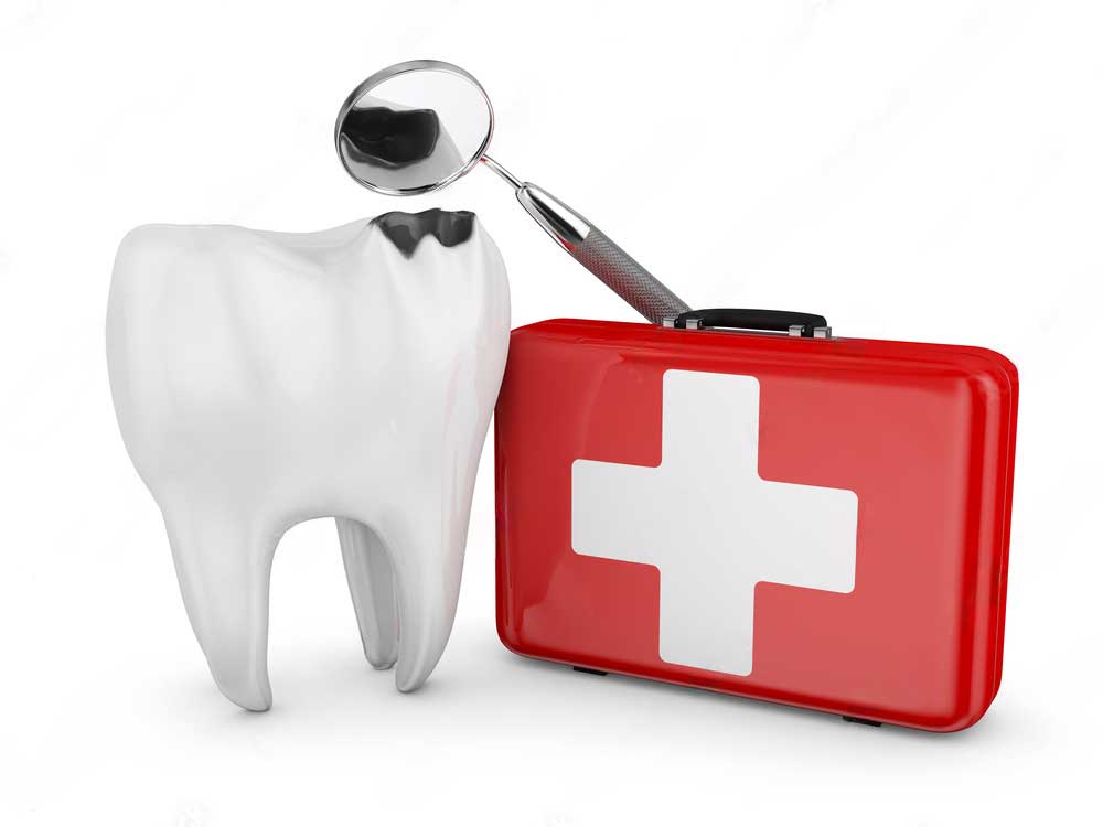 tooth and an emergency toolkit pose as the emergency dentist help team