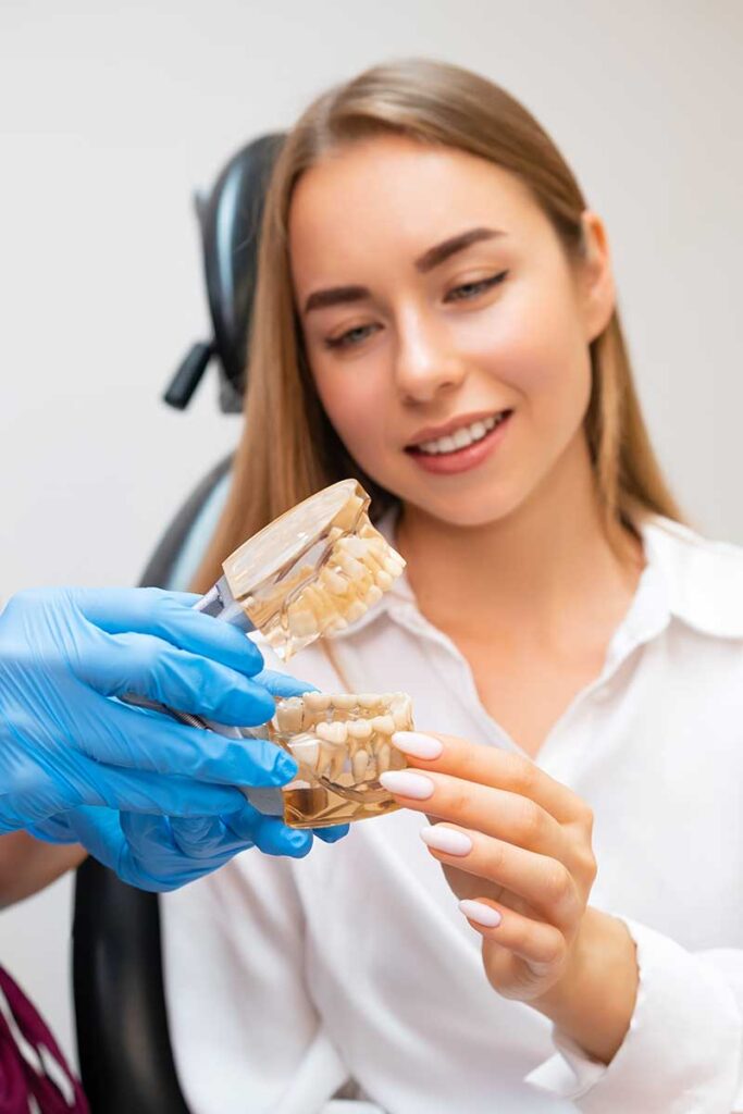 orthodontist showing a patient what her braces will look like using a model of a jaw