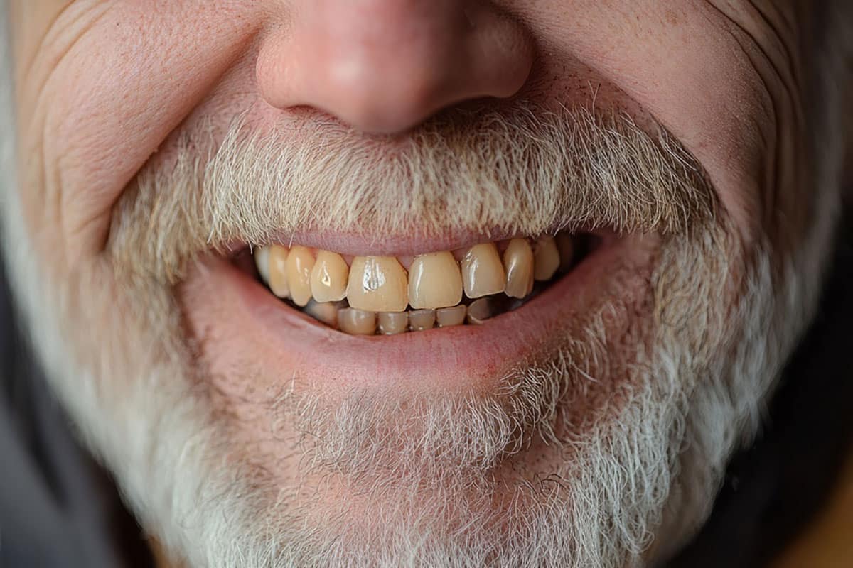close up of a man with beard's mouth that shows some mighty stained teeth