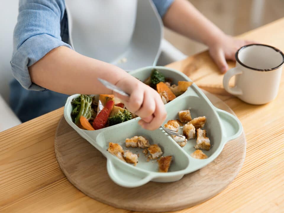 image of a toddler and his plate of nutritious food because his parents know how diet affects dental milestones so they feed him properly