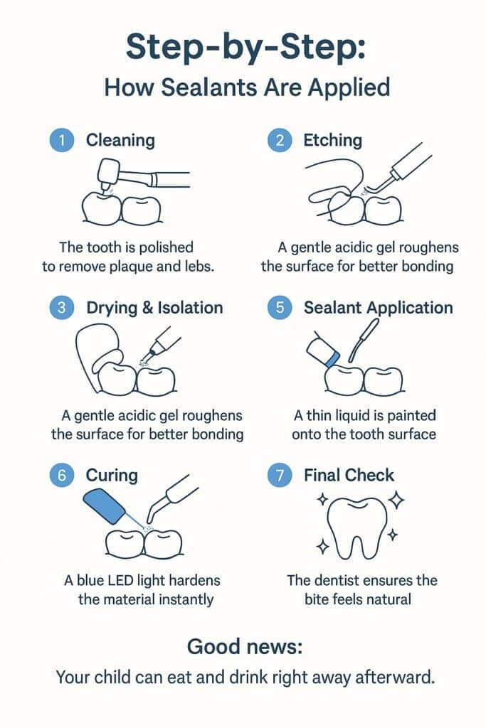 diagram detailing the steps involved in applying dental sealants to your child's teeth