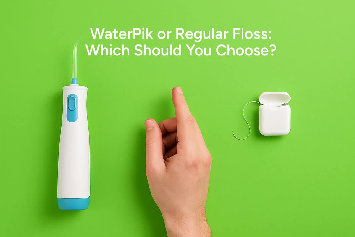 graphic showing a waterpik water flosser compared to regular dental floss with a hand in between signifying the choice to make
