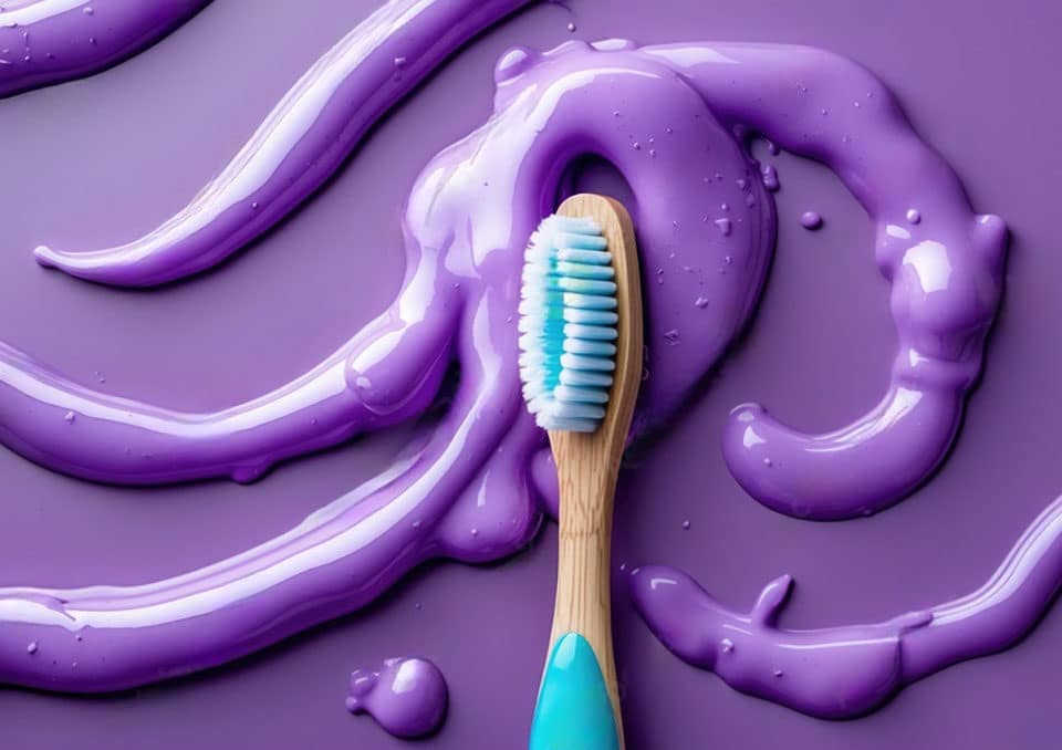 image showing purple toothpaste on a purple background with a blue toothbrush as the featured image for an article comparing pap+ and purple toothpaste as peroxide whitening alternatives