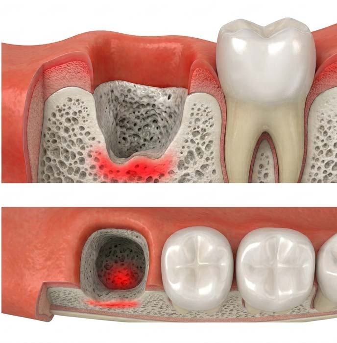 Dry socket with the blood clot missing and bone exposed