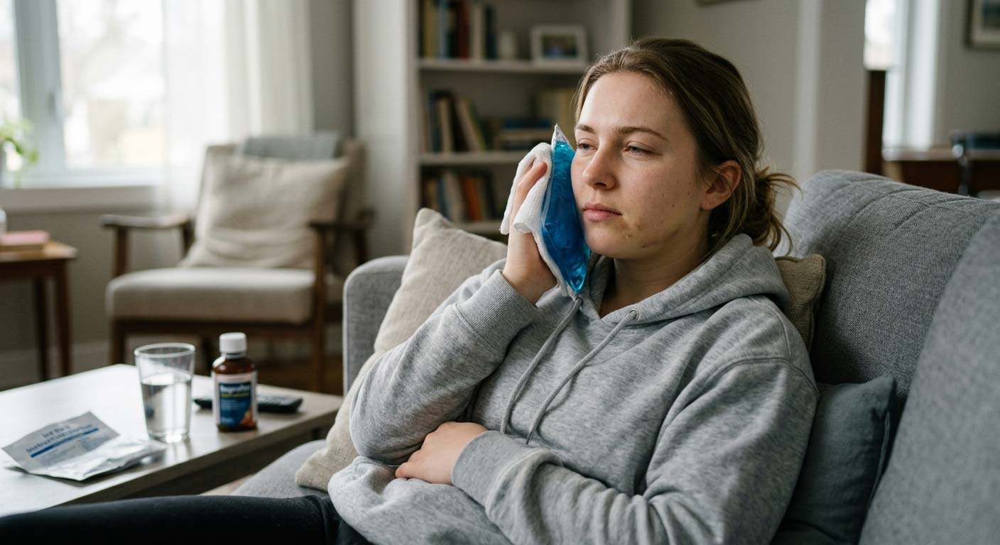 Person applying a cold compress to the cheek after wisdom teeth removal