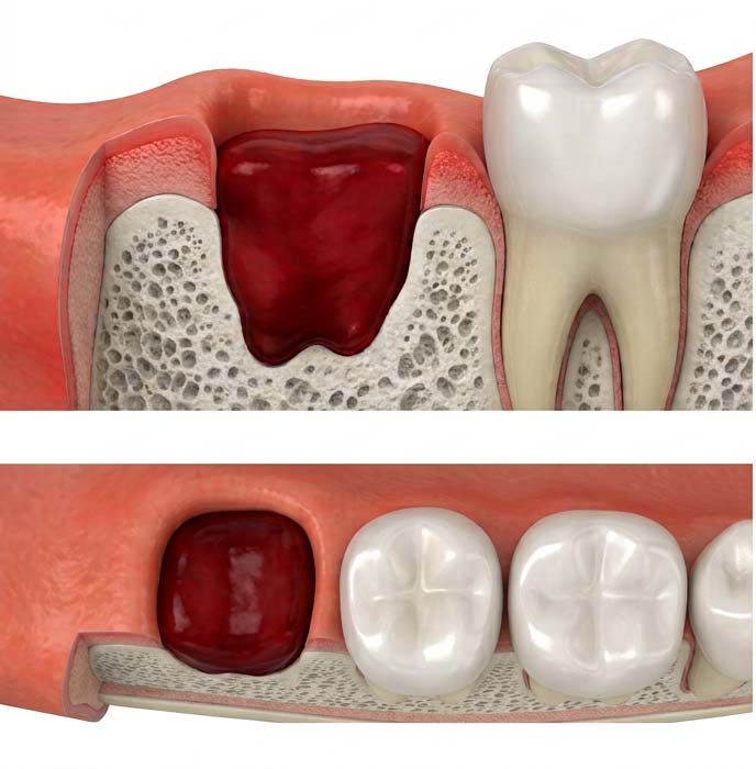 Normal healing socket with a dark blood clot after tooth extraction