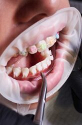 image of an open mouth showing orthodontic braces with colourful elastic bands